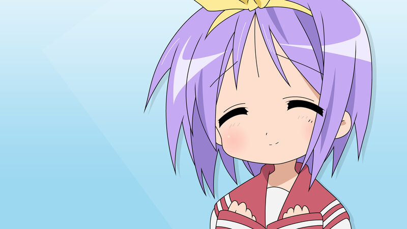 purple-haired anime girl smiling
