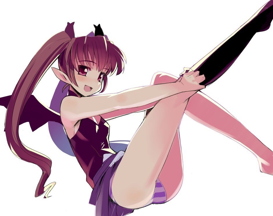 purple-haired anime girl stretching