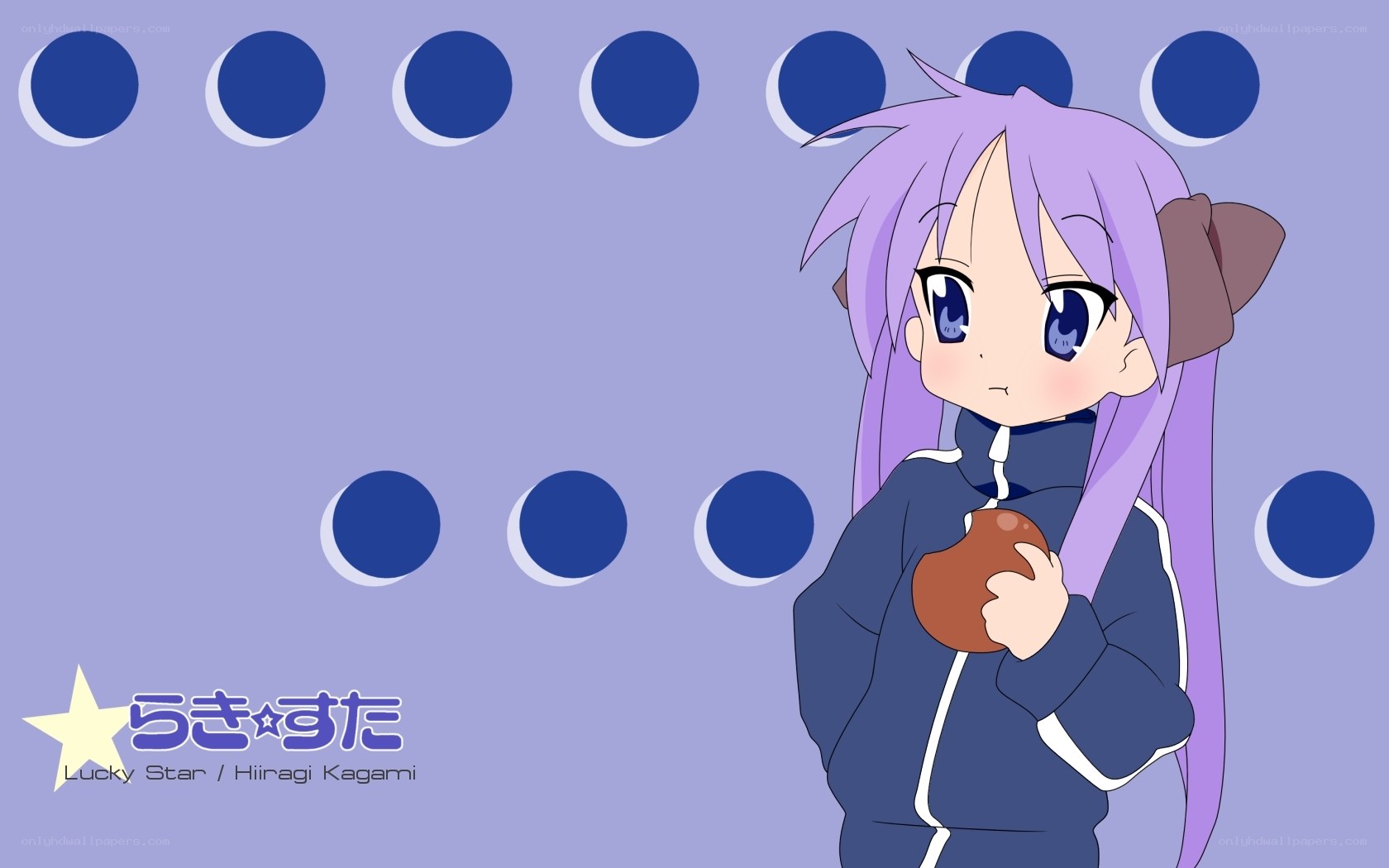purple-haired anime girl with apple