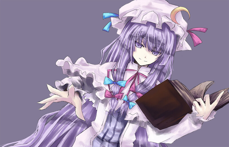 purple-haired anime girl with book