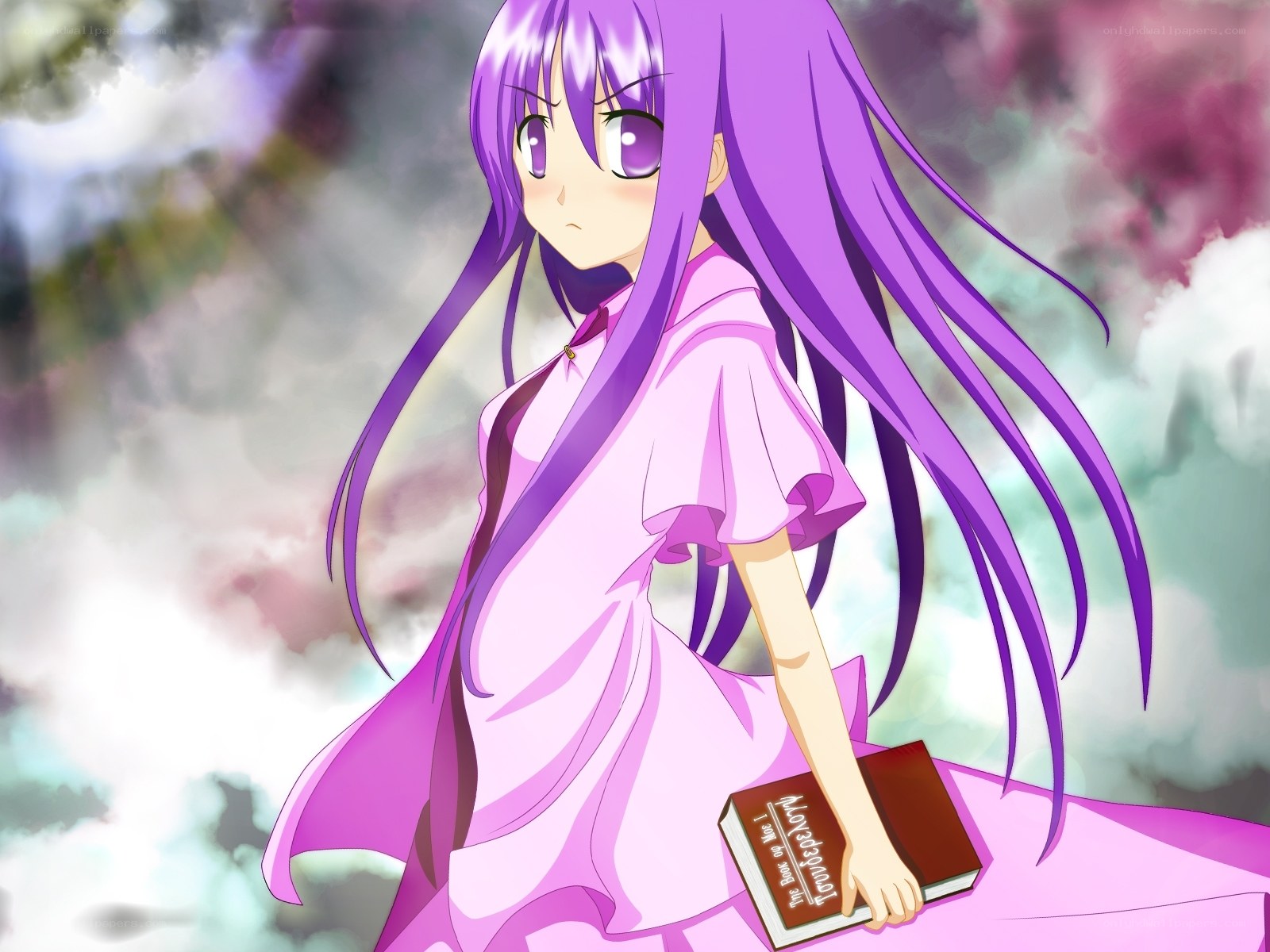 purple-haired anime girl with book