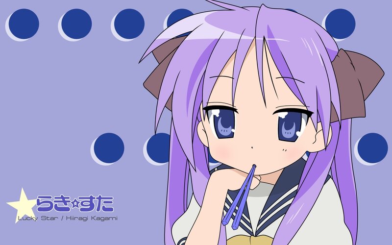 purple-haired anime girl with chopsticks