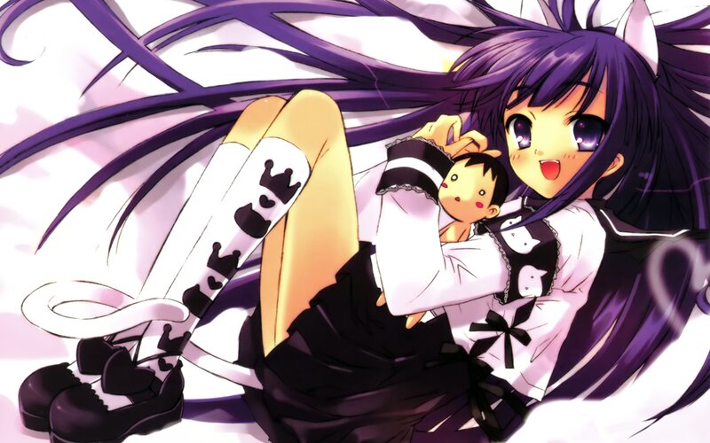 purple-haired anime girl with doll