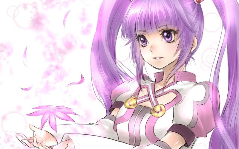 purple-haired anime girl with flowers