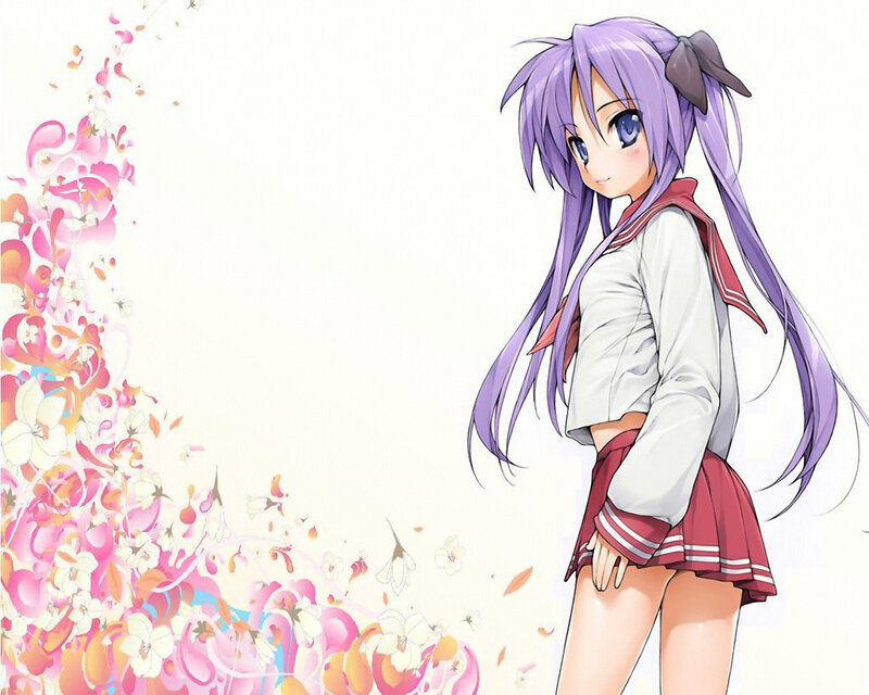 purple-haired anime girl with flowers