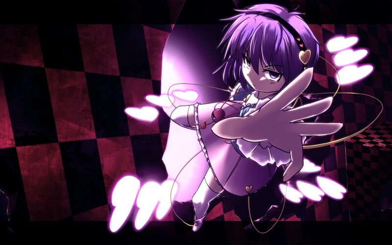 purple-haired anime girl with hearts