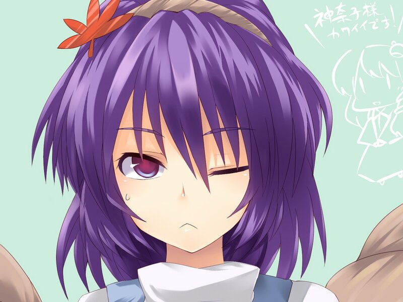 purple-haired anime girl with maple leaf