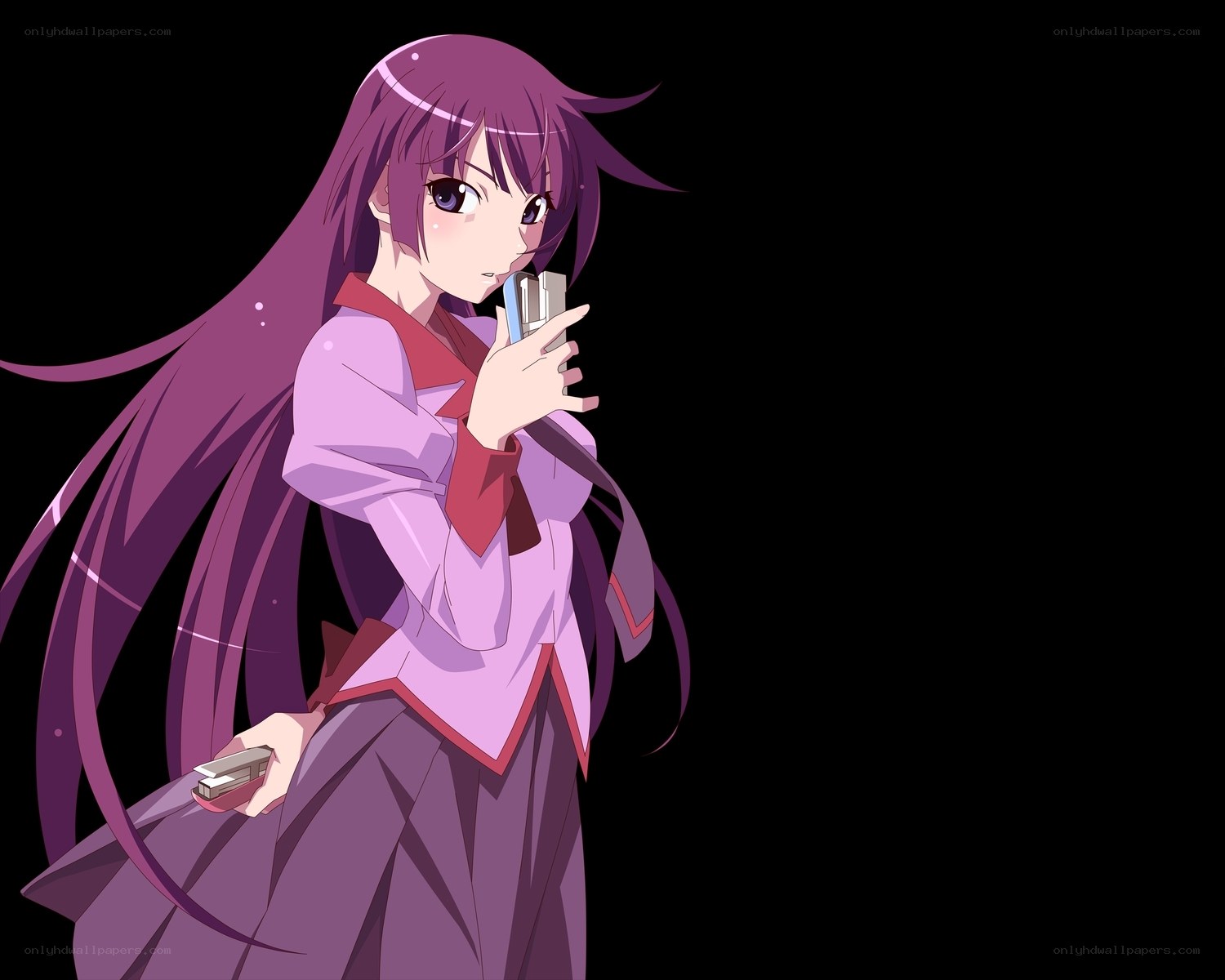 purple-haired anime girl with phone