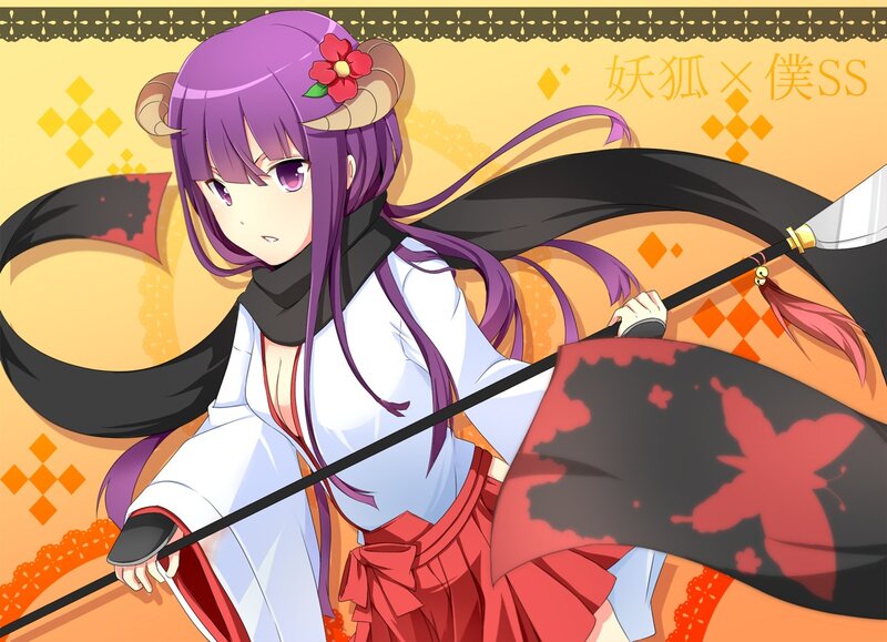 purple-haired anime girl with spear