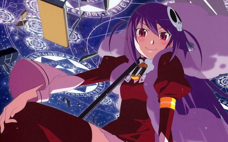 purple-haired anime girl with staff