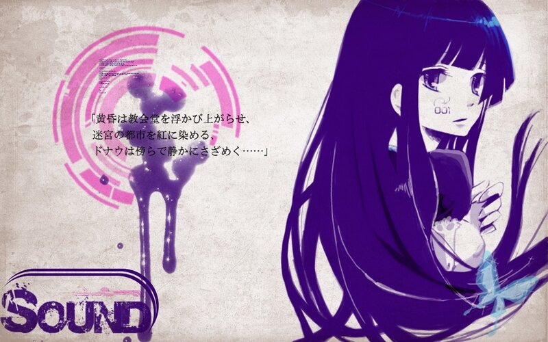 purple-haired anime girl with text