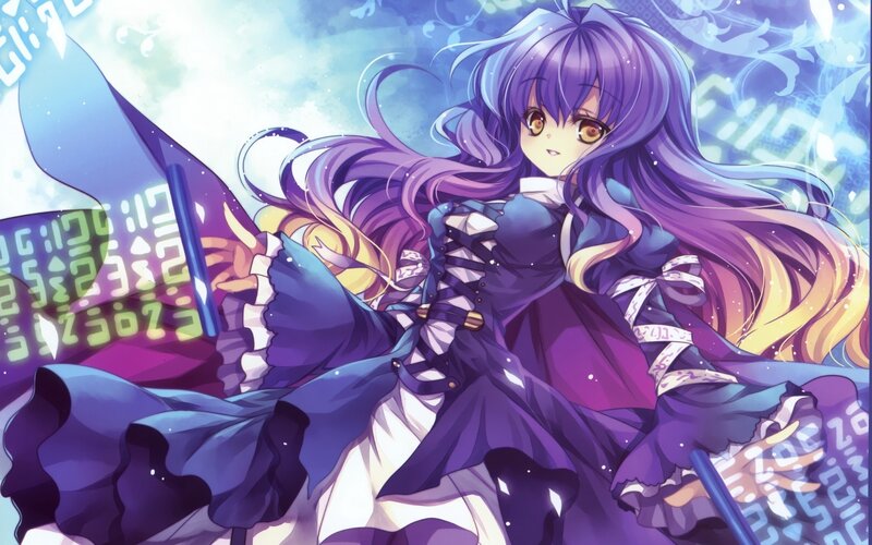 purple-haired anime girl with wand