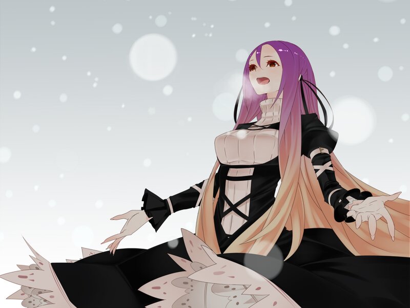 purple-haired anime woman in snow