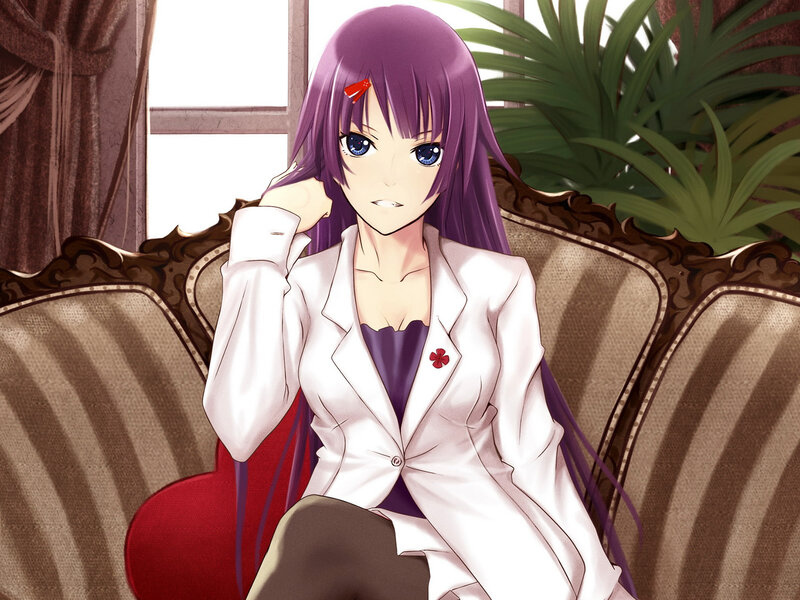 purple-haired anime woman on sofa