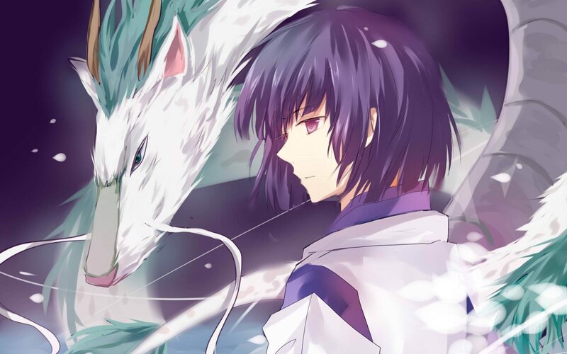 Purple-haired Boy with White Wolf