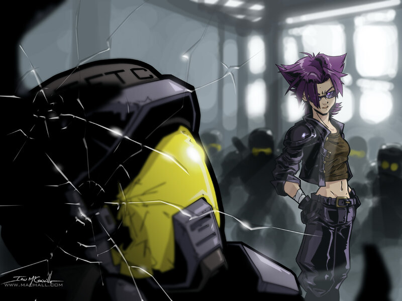 Purple-haired character in a sci-fi setting