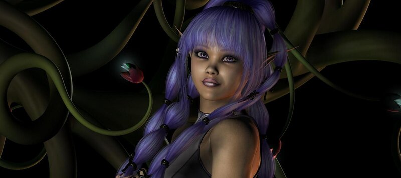 purple-haired character in dark setting