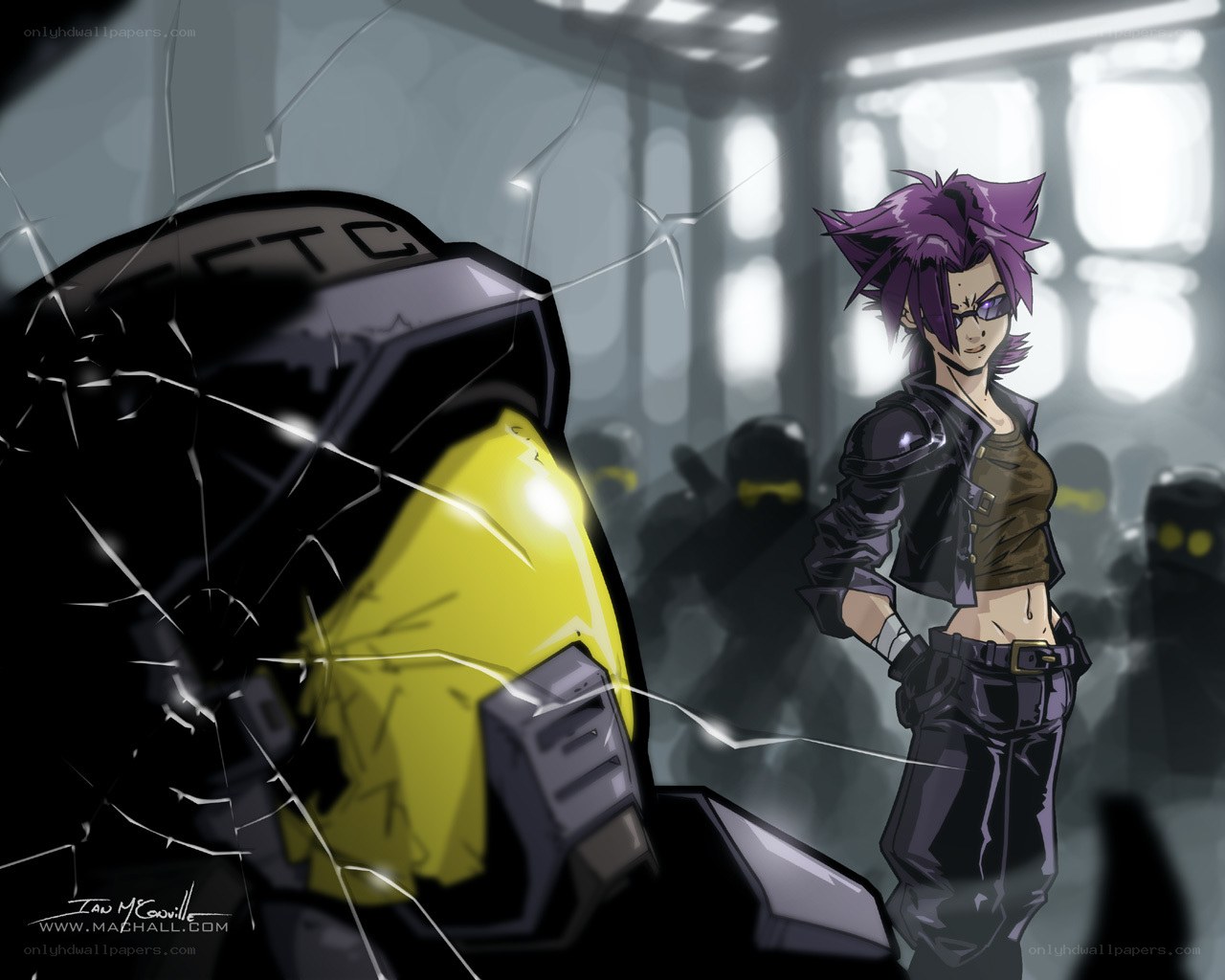 Purple-haired character in futuristic setting