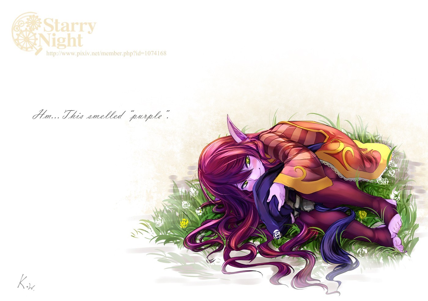 Purple-haired character in grass