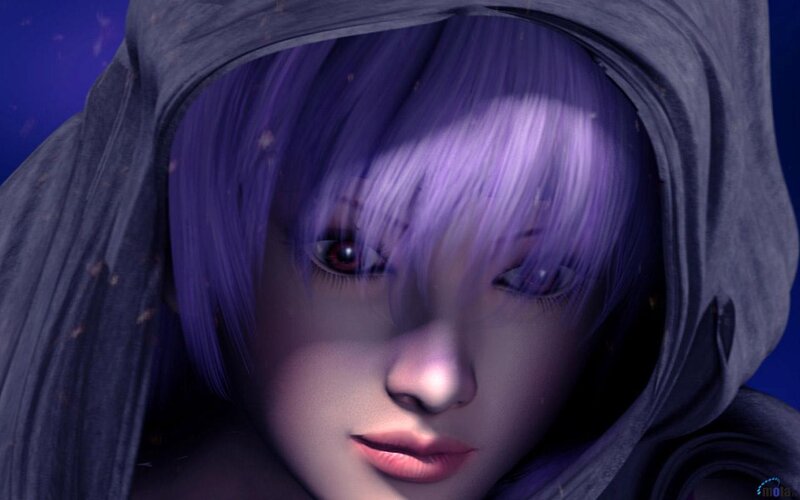 purple-haired character in hood