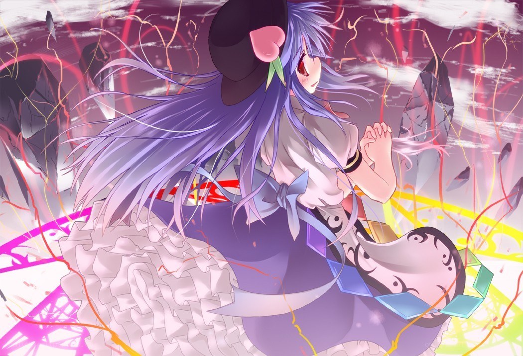 Purple-haired character in magical scene