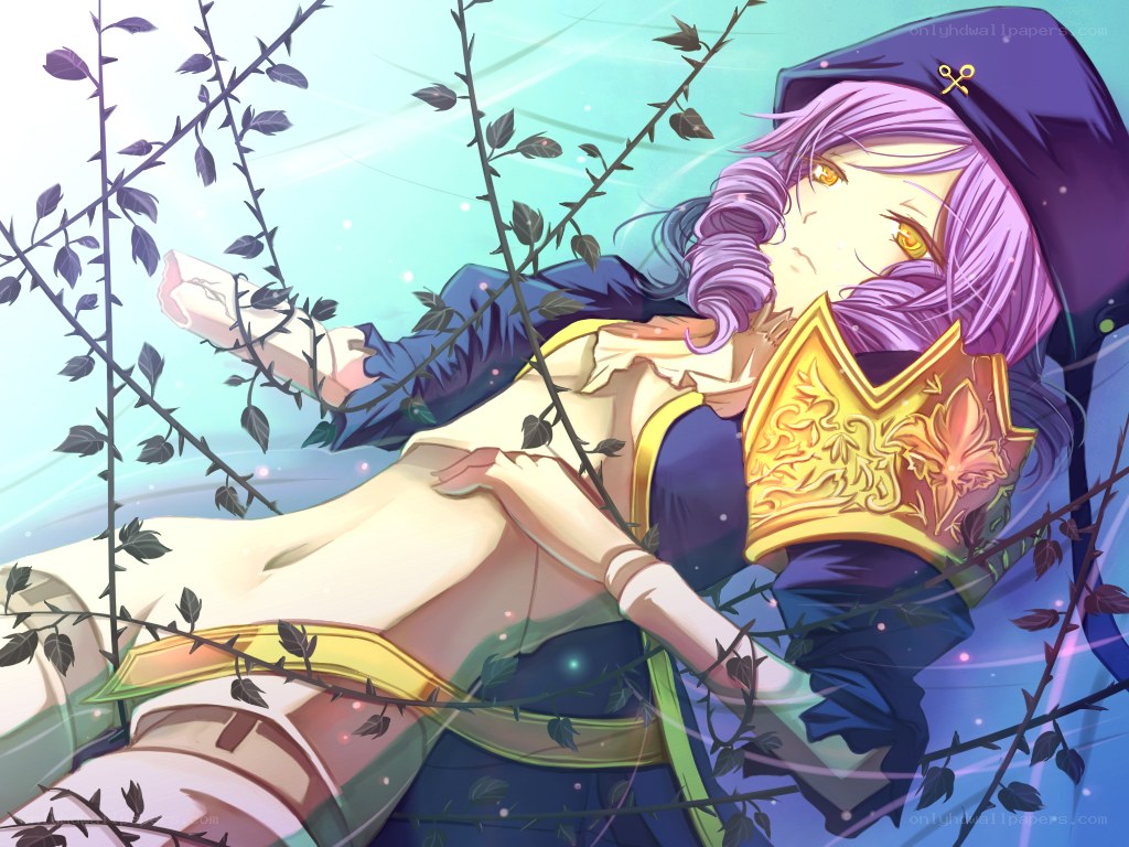 purple-haired character in vines