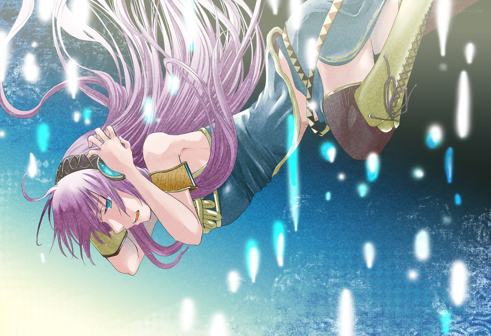 purple-haired character in water