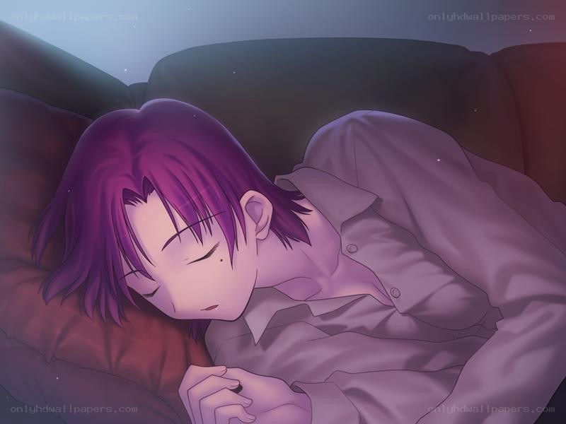 purple-haired character sleeping