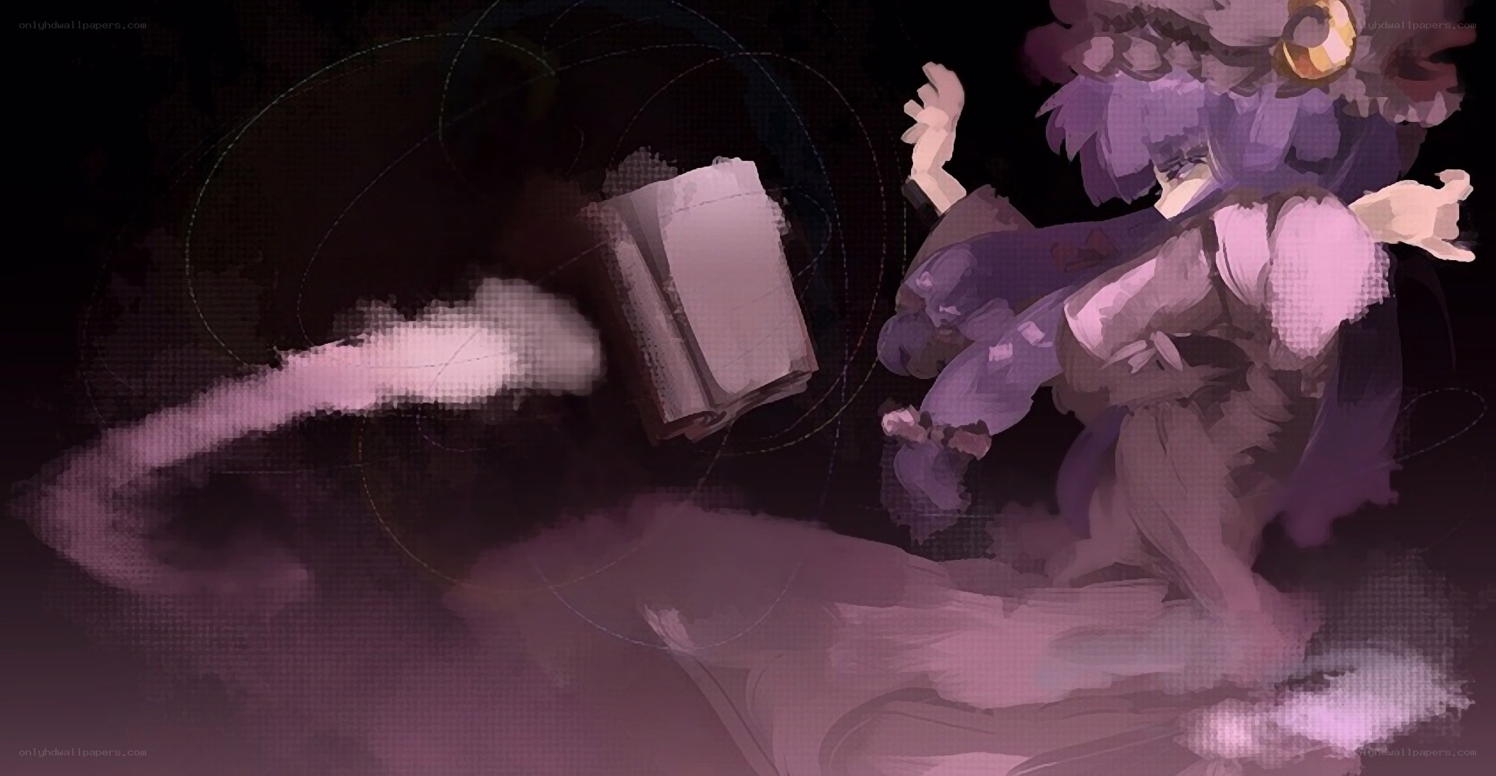 purple-haired character with book