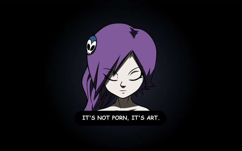 purple-haired character with quote