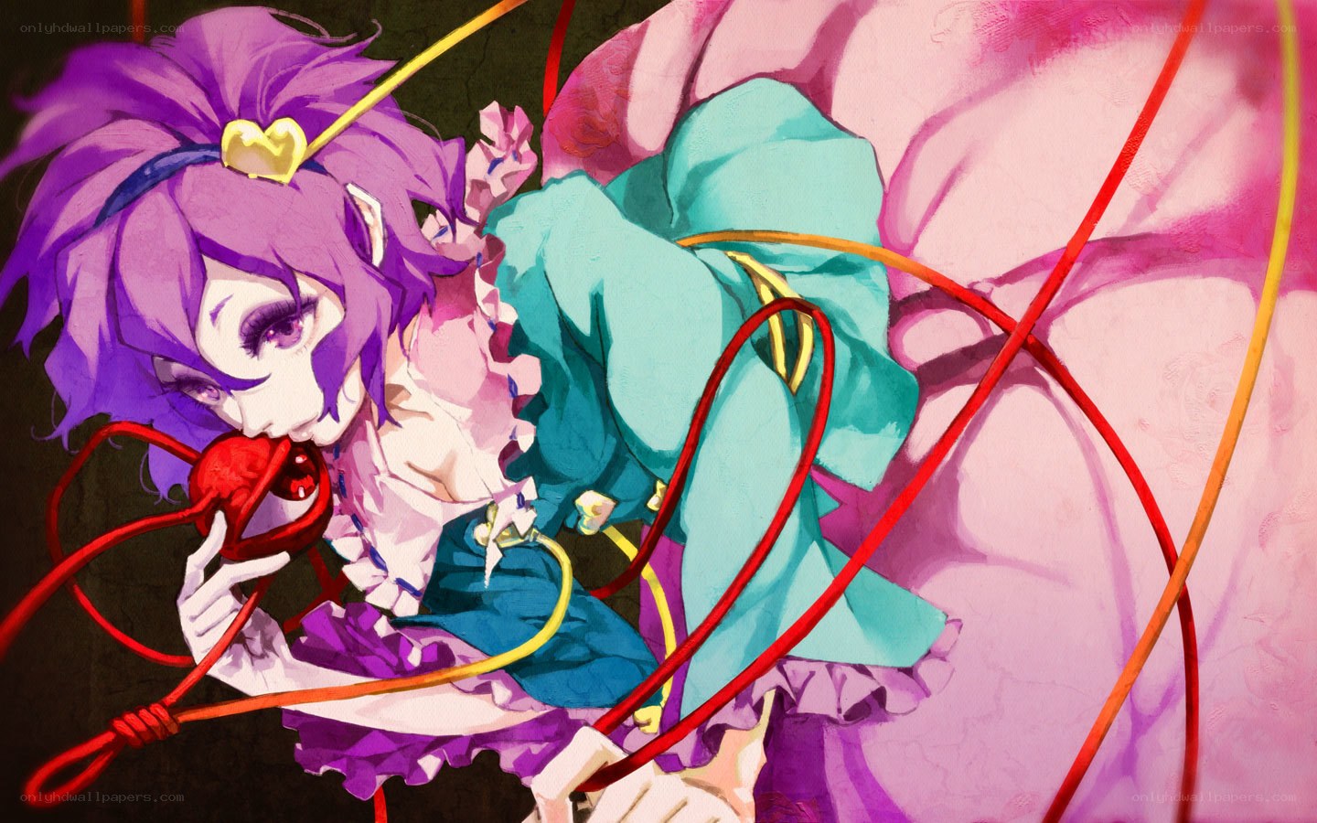 purple-haired character with red cord