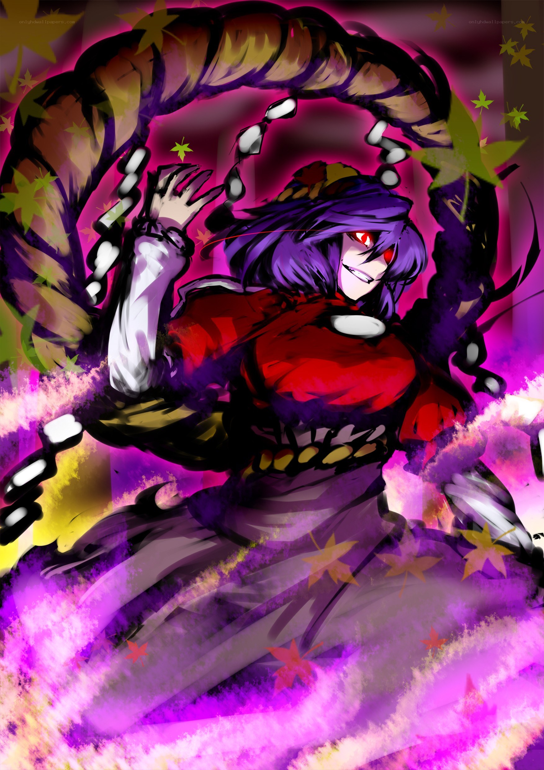 Purple-haired character with red eyes