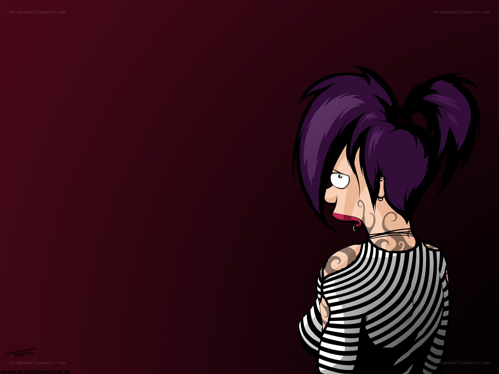 purple-haired character with tattoos