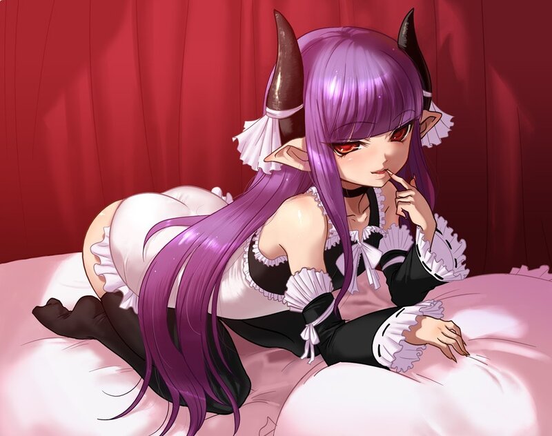 purple-haired demon girl in maid outfit