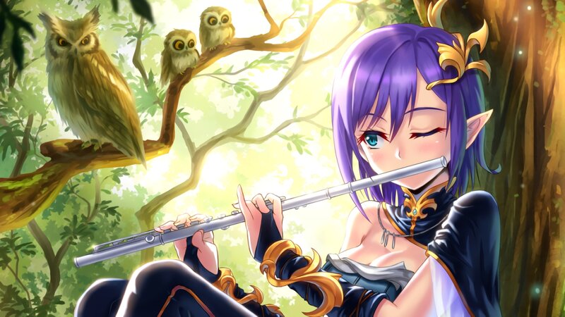 Purple-haired Elf Playing Flute
