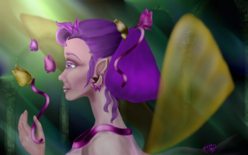 purple-haired fairy with butterflies