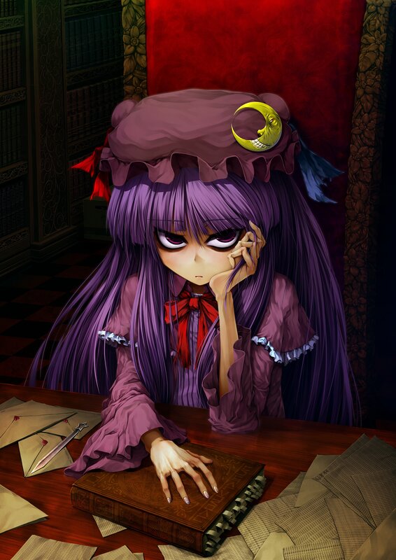 purple-haired girl at desk
