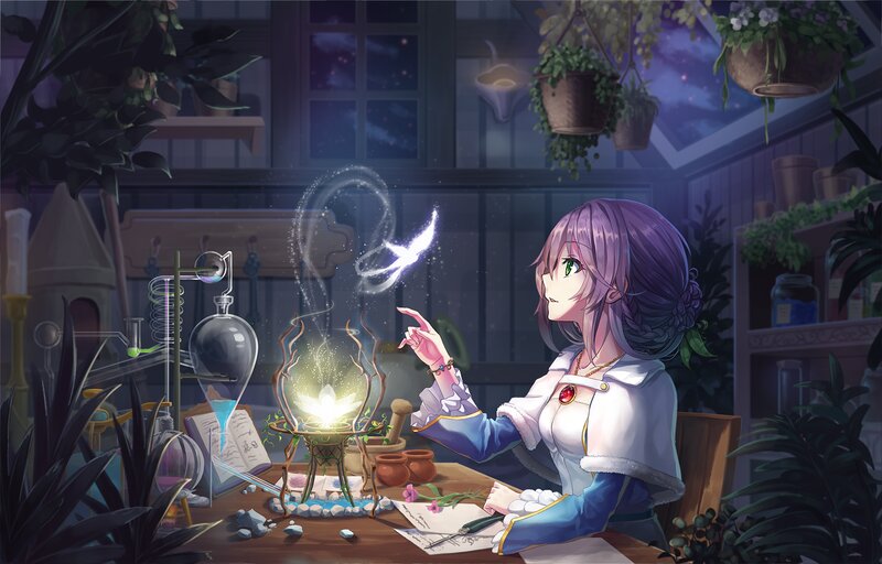 Purple-haired Girl at Lab Table