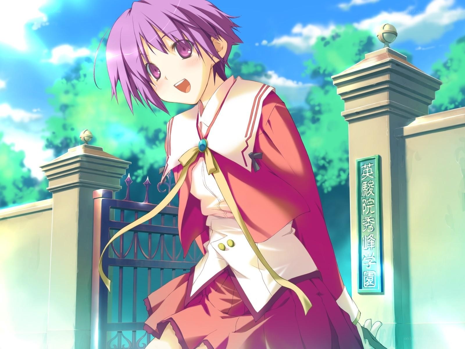 purple-haired girl at school gate