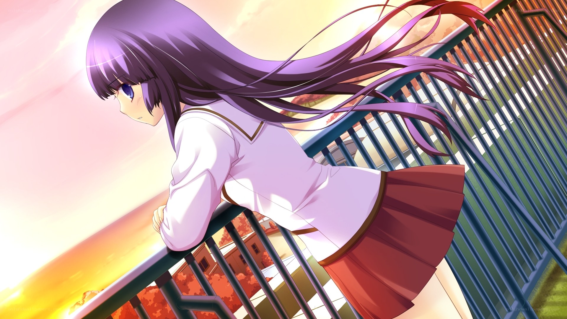 purple-haired girl at sunset