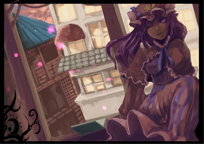 purple-haired girl at window