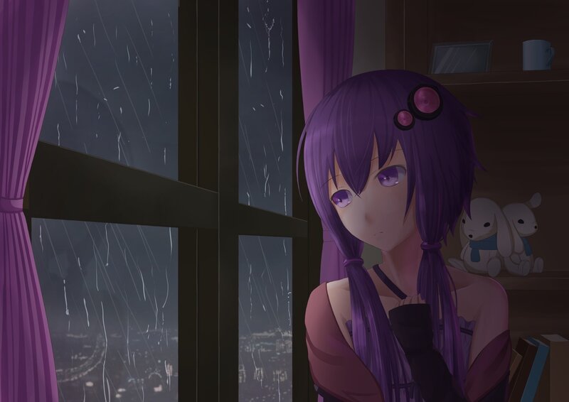 purple-haired girl by the window
