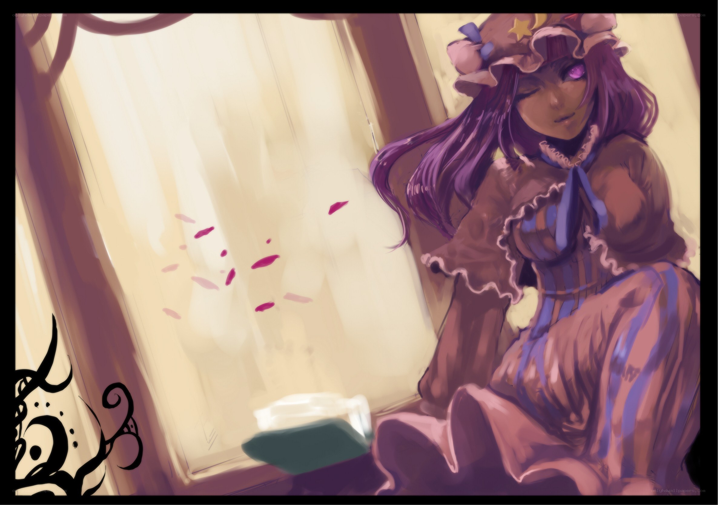 purple-haired girl by window
