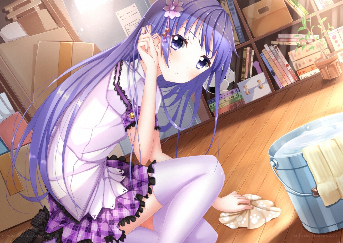 purple-haired girl cleaning