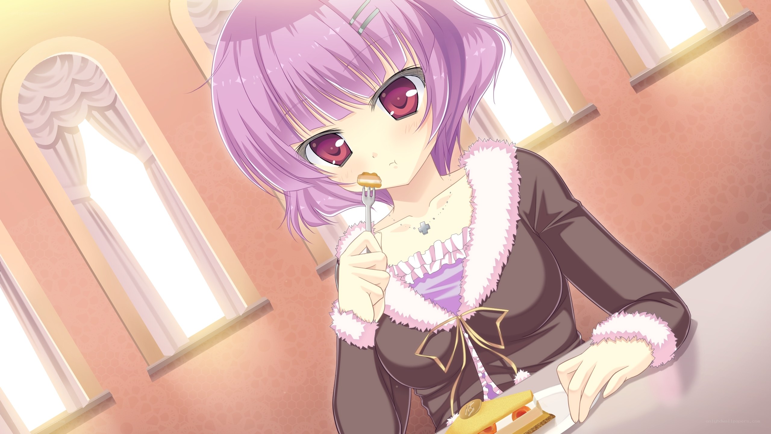 purple-haired girl eating dessert
