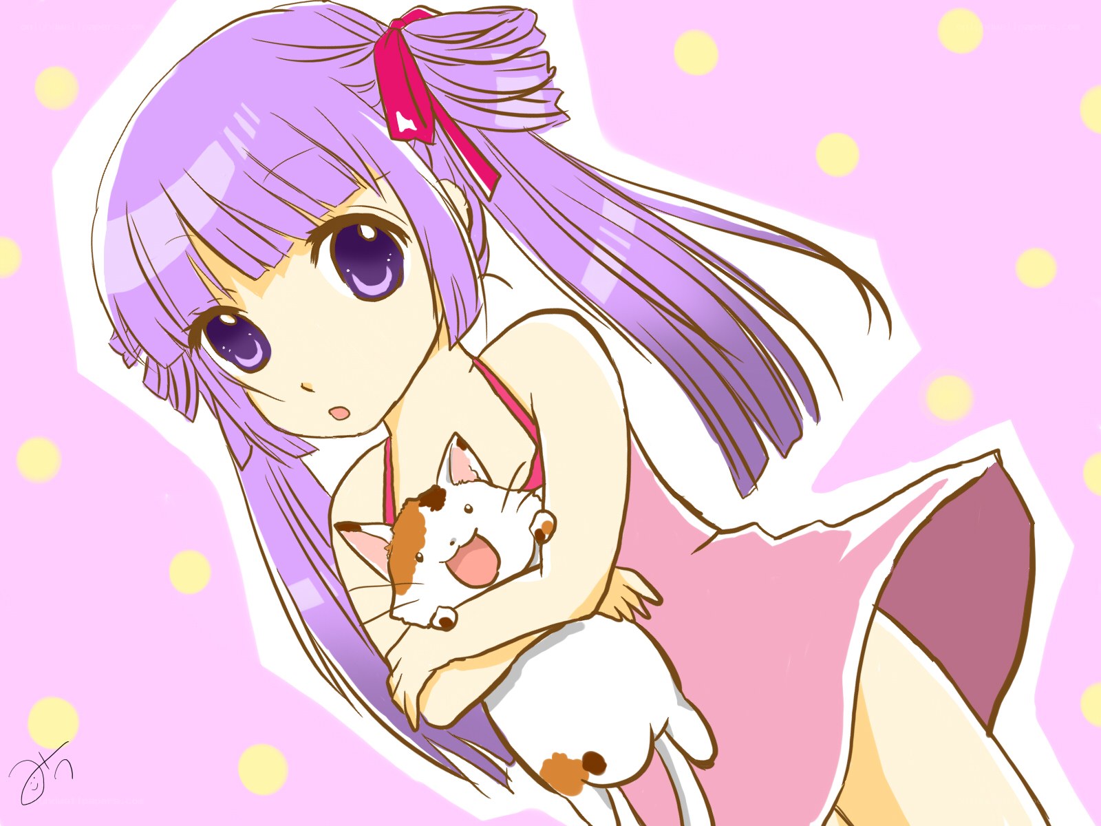 purple-haired girl holding a cat