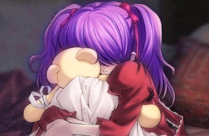 Purple-haired Girl Hugging Doll