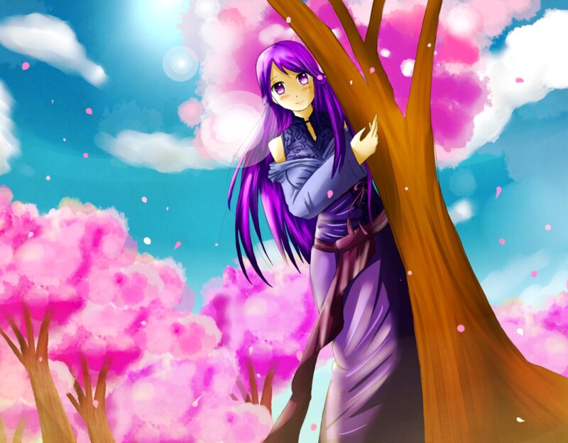 Purple-haired Girl Hugging Tree