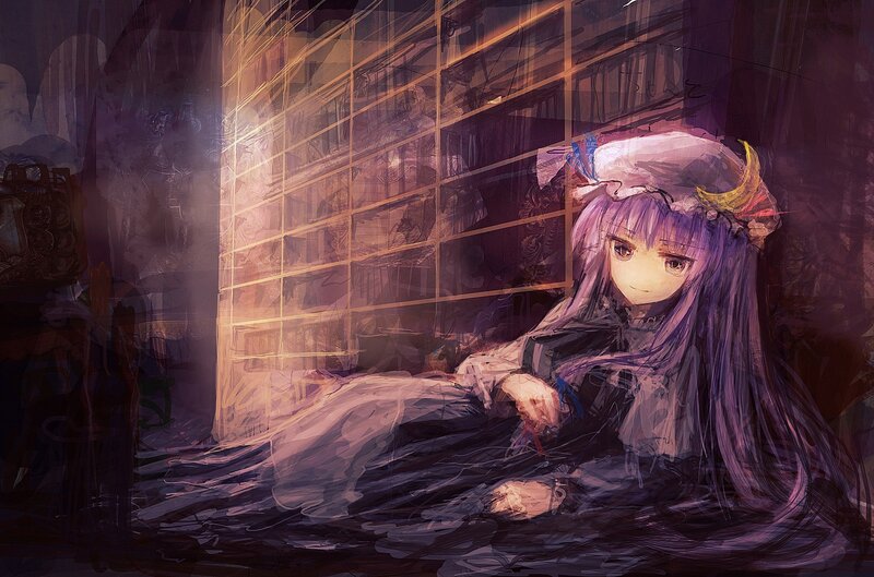 purple-haired girl in a dark room