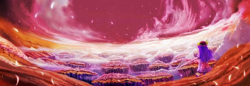 purple-haired girl in a dreamlike landscape